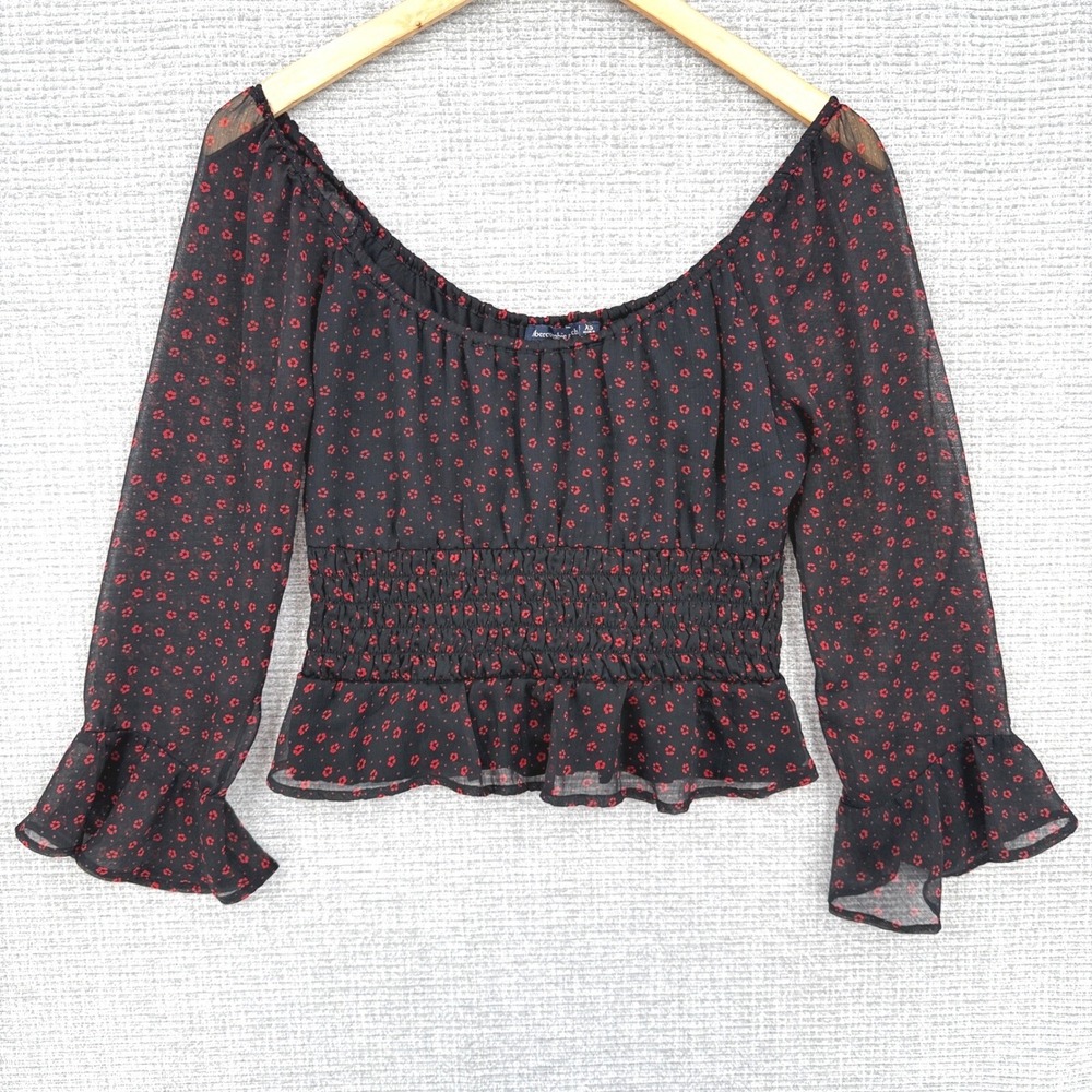 Abercrombie & Fitch‎ Floral Smocked Ruffle Long Sleeve Top Black Red XS Y2K 90s